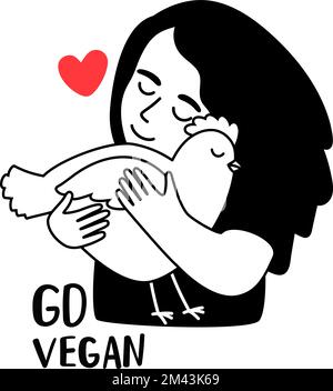 Une petite fille très gentille boie le poulet. Allez végétalien. Illustration vectorielle de l'amitié entre les personnes et les animaux. Nature respect concept et vegan. Bonne poule avec peu de cœurs. Personnage de poulet Illustration de Vecteur