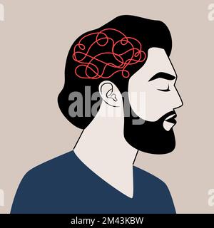 Le profil d'un homme adulte avec des pensées confuses. L'homme contrarié se sent frustré. Illustration vectorielle des problèmes de santé mentale. Concept problème psychologique, maladie mentale, maladie du cerveau, dépression Illustration de Vecteur