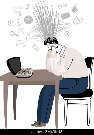 Homme fatigué sur le lieu de travail avec un tas de pensées et de tâches déroutantes dans sa tête. Le travailleur de bureau s'assoit à la table et tient les mains derrière sa tête. Un homme fatigué au bureau a surtravaillé l'illustration Illustration de Vecteur