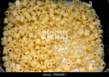 Pâtes macaroni à anneau bouillante dans de l'eau chaude prête à y mettre de la sauce tomate, recette italienne de macaroni prête à être servie avec tout type de sauce et de ggar Banque D'Images