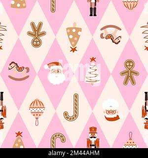 Motif de Noël sans coutures Arlequin. Fond rose crème avec le Père Noël, casse-noisettes et jouets au gingembre. Illustration de Vecteur