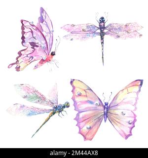 Décor aquarelle avec libellules romantiques volantes et papillons sur fond blanc. Illustration mignonne pour papier peint, textile ou papier d'emballage. Banque D'Images