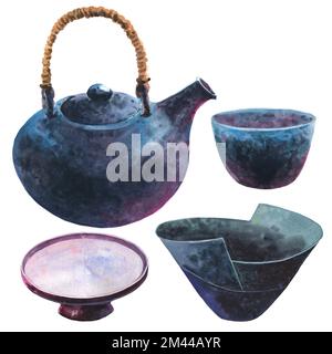 Set de thé asiatique aquarelle avec théière bleu, tasse de thé bleue, vase et assiette en céramique, isolation sur fond blanc. Cérémonie du thé japonais. Banque D'Images