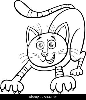 Dessin animé noir et blanc illustration de drôle tabby chat bande dessinée caractère coloriage page Illustration de Vecteur