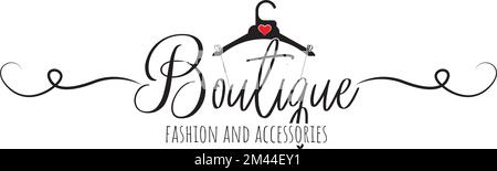 Boutique mode et accessoires, vecteur. Logo. Motif pochoir isolé sur fond blanc. Illustration du cintre à vêtements. Illustration de Vecteur