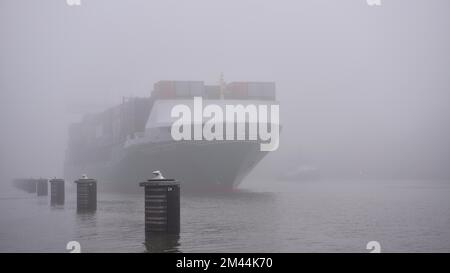 Le bateau à conteneurs Heinrich Ehler attend dans le brouillard pour une circulation venant en sens inverse dans le canal de Kiel, Schleswig-Holstein, Allemagne Banque D'Images