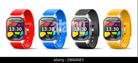 Bracelets de montres intelligentes. Bracelets multifonctionnels réalistes angle de vue, différentes couleurs, bracelets numériques d'athlète, écrans tactiles, 3D isolés Illustration de Vecteur