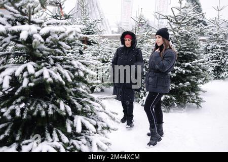 Fille dans la loi aider à acheter l'arbre de Noël pour la mère dans la loi en plein air à la foire. Enneigé Banque D'Images
