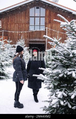 Fille dans la loi aider à acheter l'arbre de Noël pour la mère dans la loi en plein air à la foire. Enneigé Banque D'Images