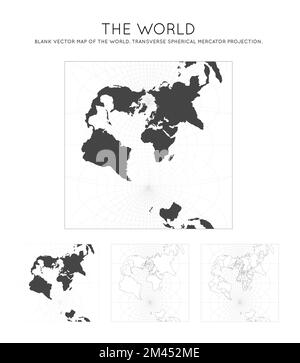 Carte du monde. Projection Mercator sphérique transversale. Globe avec lignes de latitude et de longitude. Carte du monde sur des méridiens et parallèles en arrière-plan. Illustration de Vecteur