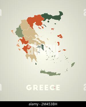 Affiche Grèce de style rétro. Carte du pays avec les régions dans la palette de couleurs d'automne. Forme de la Grèce avec le nom du pays. Illustrat vectoriel étonnant Illustration de Vecteur