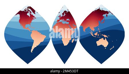 Vecteur de carte du monde. Projection sinusoïdale interrompue. Monde en dégradé rouge-orange sur les vagues bleu profond de l'océan. Illustration vectorielle élégante. Illustration de Vecteur