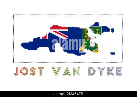 Logo Jost Van Dyke. Carte de Jost Van Dyke avec nom et drapeau de l'île. Illustration vectorielle charmante. Illustration de Vecteur