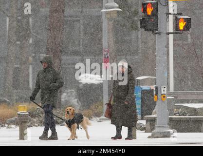 Vancouver, Canada. 18th décembre 2022. De fortes chutes de neige sont à Vancouver, en Colombie-Britannique, au Canada, le 18 décembre 2022, lorsque des piétons traversent une rue. Credit: Liang Sen/Xinhua/Alay Live News Banque D'Images