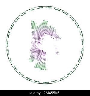 Logo rond Patmos. Forme de style numérique de Patmos en cercle pointillé avec le nom de l'île. Icône Tech de l'île avec des points gradués. Illustration de Vecteur