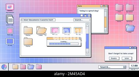 L'écran de l'ordinateur avec 90s fenêtres du logiciel rétro s'ouvre sur le bureau. Illustration vectorielle du dossier, du fichier, du document, des icônes de la barre de progression du chargement et des notifications contextuelles. Interface utilisateur Vaporwave Illustration de Vecteur