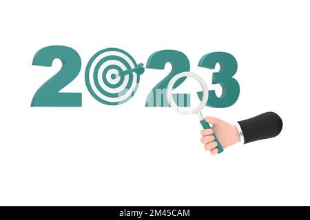 3D. Lentille de lentille et loupe Target pour les affaires ciblées de la nouvelle année 2023. Banque D'Images