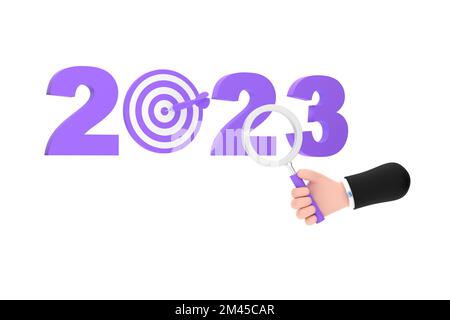 3D. Lentille de lentille et loupe Target pour les affaires ciblées de la nouvelle année 2023. Banque D'Images