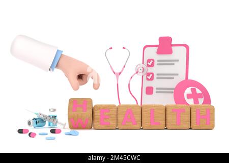 3d. Le médecin de la main tourne un dé et change le mot « Santé » en « richesse » Banque D'Images