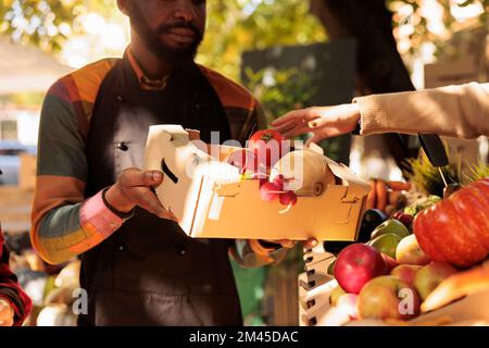 Un fermier mâle afro-américain donne une boîte pleine de légumes frais à la femme sur le marché des agriculteurs. Propriétaire de petite entreprise vendant des produits agricoles sains cultivés localement à la clientèle féminine. Banque D'Images