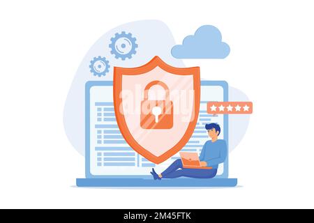 Concept moderne et plat de la cybersécurité avec les personnages vérifient l'accès, la protection des données et la confidentialité. Peut être utilisé pour bannière, application mobile, landin Illustration de Vecteur