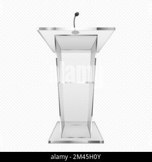 Chaire de verre, podium ou Tribune. Tribune avec microphone pour les débats de conférence, trophée isolé sur fond transparent. Socle de discours de présentation professionnelle Illustration vectorielle réaliste 3D Illustration de Vecteur