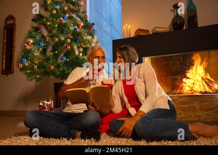Joyeux couple senior qui toasque du vin rouge pendant la fête de Noël Banque D'Images