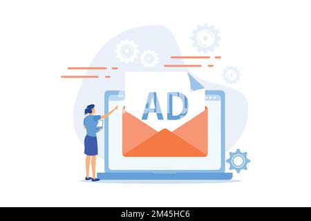 Publicité de notification push, promotion Internet, réseau publicitaire, stratégie traditionnelle, marketing d'interruption, métaphore abstraite de l'application mobile, vecteur plat Illustration de Vecteur