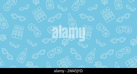 Ophtalmologie, optométrie tracé à la main sans couture. Verres de contact, gouttes pour les yeux et verres en forme de doodle. Optométrie motif d'oeddle. Vecteur Illustration de Vecteur