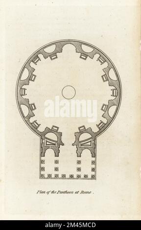 Plan du Panthéon à Rome. Grande niche en face de la porte a tenu une statue de Jupiter, niches dans le portique a tenu des statues de son constructeur Marcus Agrippa et l'empereur César Augustus, 1st siècle après J.-C. Gravure sur plaque de coperplate de Francis Fitzgerald, The Artist’s Repository and Drawing Magazine, Charles Taylor, Londres, 1785. Banque D'Images