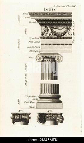 Ordre ionique du Temple de Fortuna virilis, Rome. Entablature avec corniche décorée, architravée, volute, colonne et base. Capital orné de feuilles, de filets 2 et de volute aux fleurs et d'échinus (oeufs et fléchettes) 3. Gravure sur plaque de coperplate de Francis Fitzgerald, The Artist’s Repository and Drawing Magazine, Charles Taylor, Londres, 1785. Banque D'Images