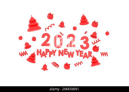 3D. Bonne année 2023, arbre de Noël joyeux, cadeaux, cloche, boule de noël Banque D'Images