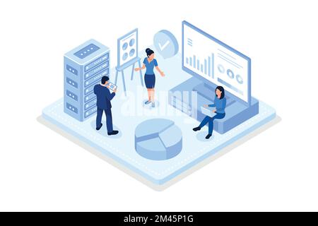 Personnages professionnels utilisant des serveurs distants pour analyser de grands ensembles de données et reconnaître les erreurs, illustration moderne à vecteur isométrique Illustration de Vecteur