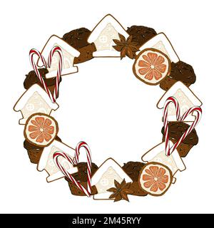 Couronne de Noël avec biscuits, cupcake, bâtons de cannelle, orange, étoile anis. Conception de l'emballage. Banque D'Images