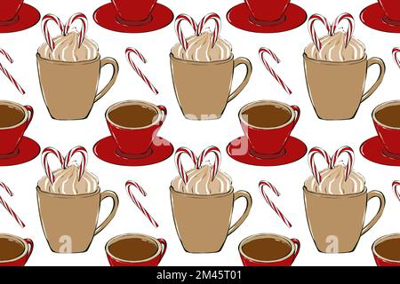 Motif de matelots pour boissons chaudes. Collection café-restaurant. Tasses de café avec bonbons et épices. Conception textile et d'emballage Banque D'Images