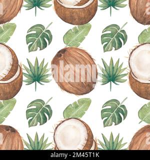 Aquarelle feuilles tropicales et fruits motif sans couture, papier numérique de noix de coco dessiné à la main, motif de feuilles de montera. Illustration d'été. Banque D'Images