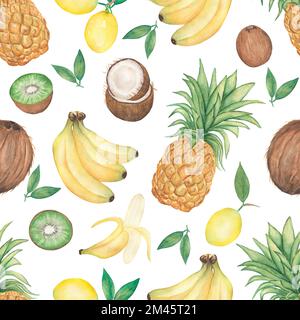 Aquarelle fruits tropicaux sans couture motif, noix de coco, banane, kiwilemon, ananas papier numérique dessiné à la main, modèle alimentaire. Illustration d'été. éco f Banque D'Images