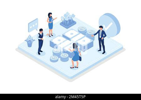 Personnages payant avec , espèces avec billets, espèces et paiement électronique concept, vecteur isométrique illustration moderne Illustration de Vecteur