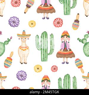 Motif aquarelle mignon alpaga sans coutures. Cactus papier numérique, cactus, fleurs brillantes, lama, fille mexicaine, ILLUSTRATION MARACAS. Modèle mexicain, merde Banque D'Images