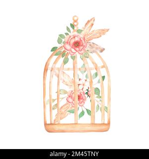 Cage rouille d'aquarelle vintage avec pivoine, plumes, coton et bouquet de feuilles vertes. Illustration de fleurs rétro, cage clipart. Décoration de jardin, wedd Banque D'Images