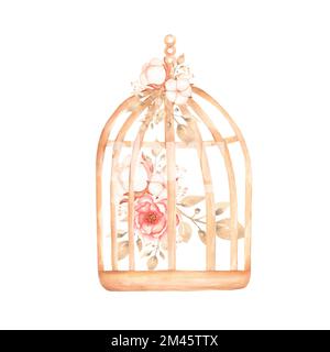 Cage rouille d'aquarelle vintage avec pivoine, plumes, coton et bouquet de feuilles beige. Illustration de fleurs rétro, cage clipart. Décoration de jardin, wedd Banque D'Images