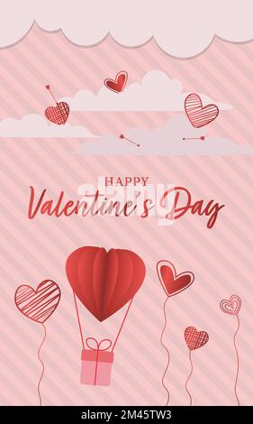 banderole de saint valentin heureuse avec coeurs sur les nuages, les balons et la boîte-cadeau volante Illustration de Vecteur