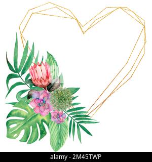 Aquarelle feuilles tropicales et fleurs illustration de cadre, couronne de coeur géométrique doré, succulents, composition de fleurs de protea, arrangement floral. Banque D'Images