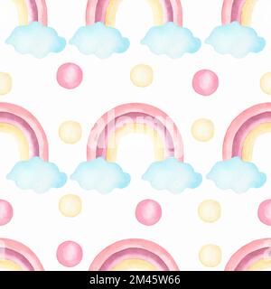 Motif de pépinière aquarelle avec arcs-en-ciel peints à la main . Enfants illustration d'arrière-plan sans couture dans le style tendance des enfants.Girl unicorn Magic Rainbow , s. Banque D'Images