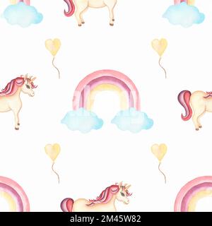 Motif de pépinière aquarelle avec arcs-en-ciel peints à la main . Enfants illustration d'arrière-plan sans couture dans le style tendance des enfants.Girl unicorn Magic Rainbow , s. Banque D'Images