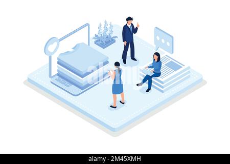 Personnages achetant recyclage écologique textile amical et la vente ou le don de vêtements vintage sur le marché aux puces en ligne ou d'occasion, isométrique vecteur moderne Illustration de Vecteur