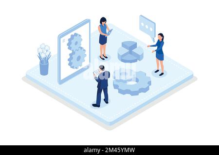 Technologie intelligente dans une usine industrielle. Les personnages qui portent des micro-casques de réalité virtuelle sont en réalité augmentée. Industrie 4,0, iso Illustration de Vecteur