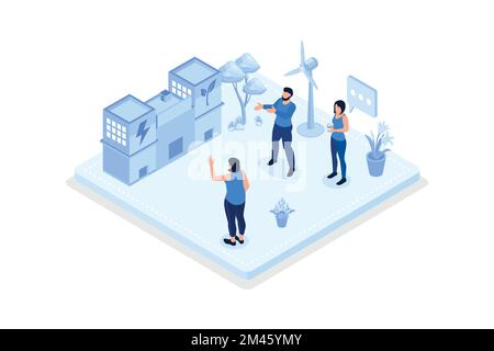 Technologie intelligente dans une usine industrielle. Les personnages qui portent des micro-casques de réalité virtuelle sont en réalité augmentée. Industrie 4,0, iso Illustration de Vecteur