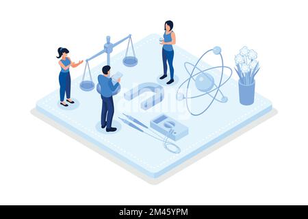 Concept de sujet d'école de physique. Les scientifiques explorent l'électricité, le magnétisme, l'onde lumineuse et les forces. Étude théorique et pratique. Cours de physique et l Illustration de Vecteur