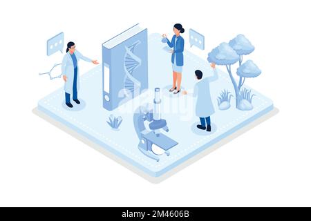 Modèle conceptuel avec microscope, boîtes de Petri, équipement de laboratoire. Scène pour l'apprentissage de la biologie, microbiologie, médecine, vecteur isométrique moderne illustrae Illustration de Vecteur